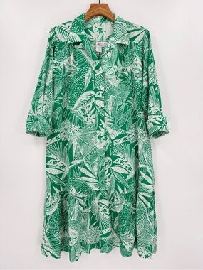 Hilda Hawaii Relaxed Tropical Green Print Collared Midi Dress L/XL See Meas.
